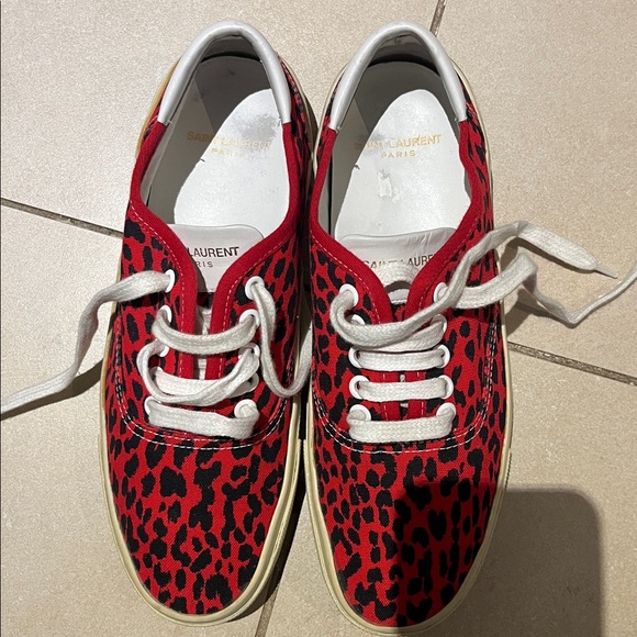 Saint Laurent Paris Red/Black Leopard Print Canvas Skate Low Top Sneakers - Picture 13 of 16